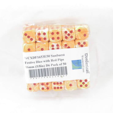 WCXDF1653E50 Sunburst Festive Dice with Red Pips 16mm (5/8in) D6 Pack of 50 (ONLINE ORDER ONLY)