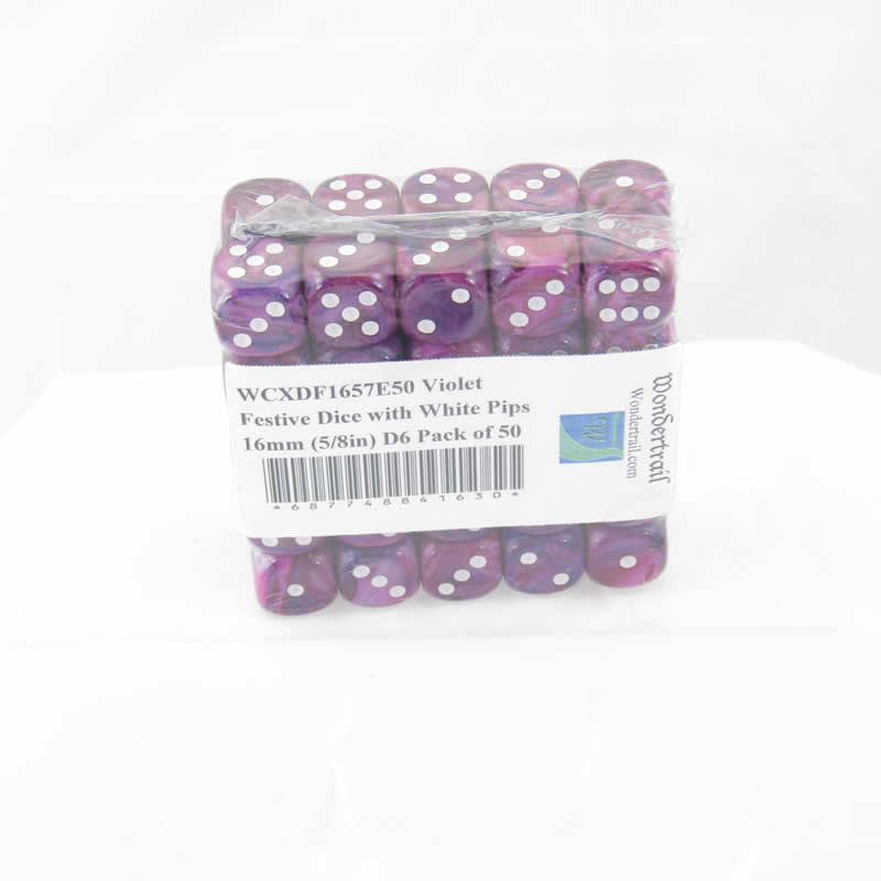 WCXDF1657E50 Violet Festive Dice with White Pips 16mm (5/8in) D6 Pack of 50 (ONLINE ORDER ONLY)