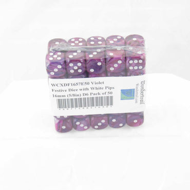 WCXDF1657E50 Violet Festive Dice with White Pips 16mm (5/8in) D6 Pack of 50 (ONLINE ORDER ONLY)