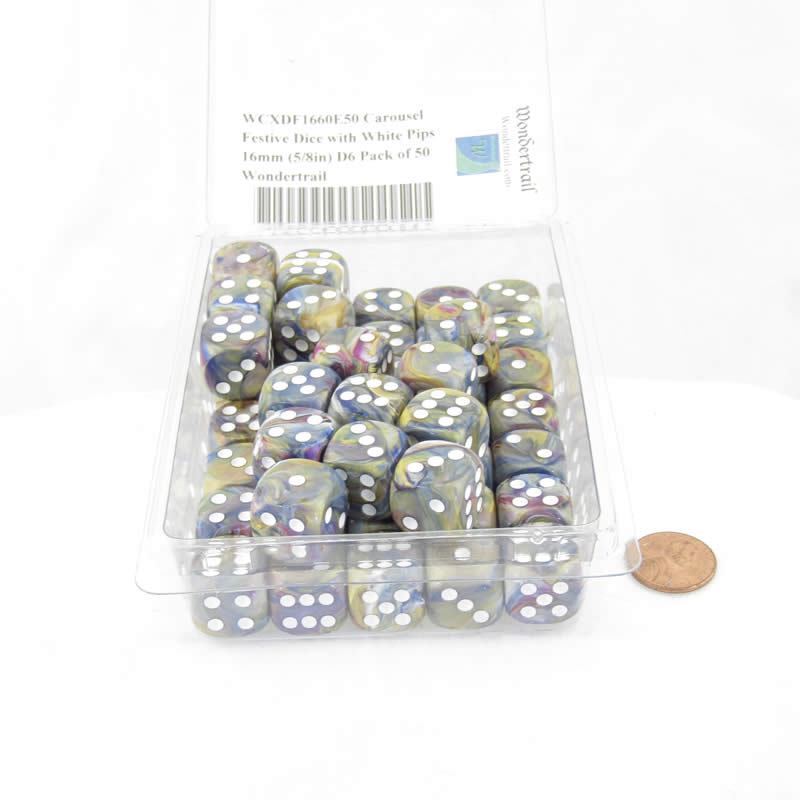 WCXDF1660E50 Carousel Festive Dice with White Pips 16mm (5/8in) D6 Pack of 50 (ONLINE ORDER ONLY)