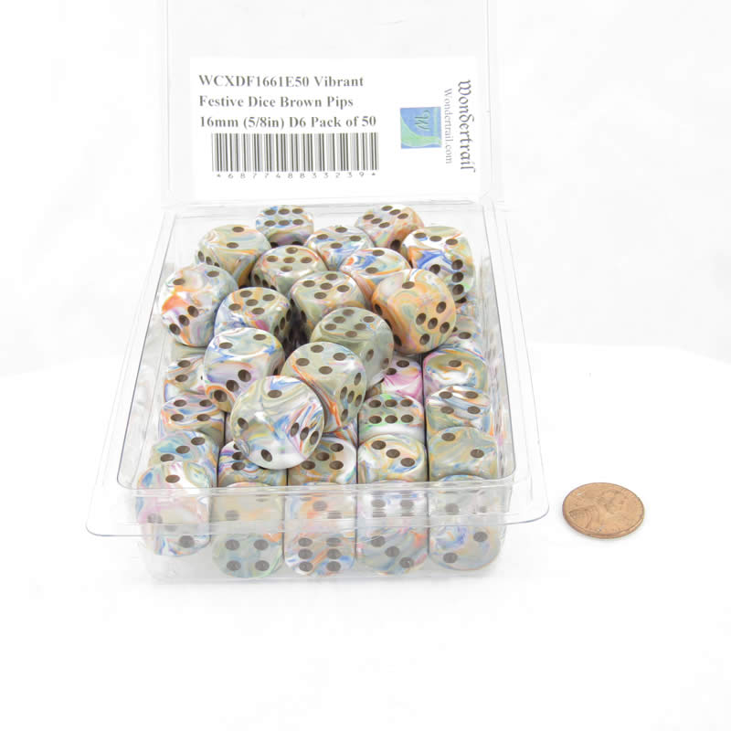 WCXDF1661E50 Vibrant Festive Dice Brown Pips 16mm (5/8in) D6 Pack of 50 (ONLINE ORDER ONLY)
