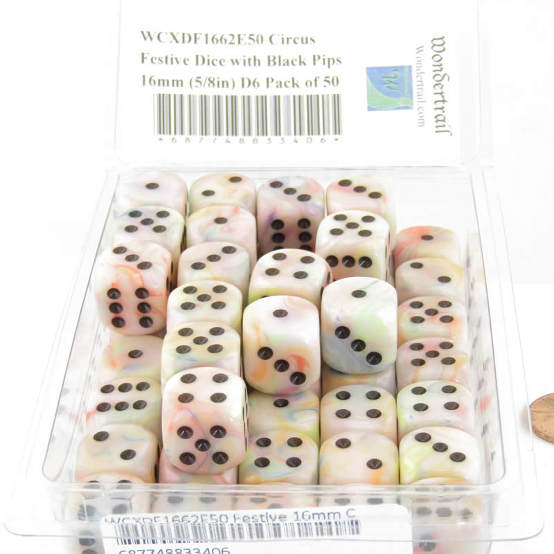 WCXDF1662E50 Circus Festive Dice with Black Pips 16mm (5/8in) D6 Pack of 50 (ONLINE ORDER ONLY)