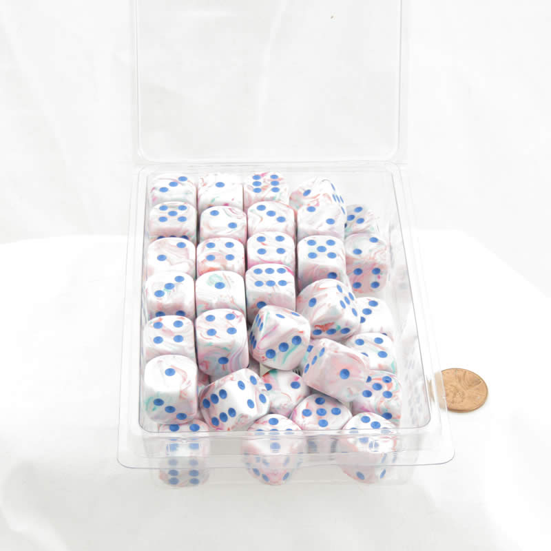 WCXDF1664E50 Pop Art Festive Dice with Blue Pips 16mm (5/8in) D6 Pack of 50 (ONLINE ORDER ONLY)