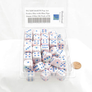 WCXDF1664E50 Pop Art Festive Dice with Blue Pips 16mm (5/8in) D6 Pack of 50 (ONLINE ORDER ONLY)