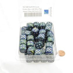 WCXDF1665E50 Green Festive Dice with Silver Pips 16mm (5/8in) D6 Pack of 50 (ONLINE ORDER ONLY)