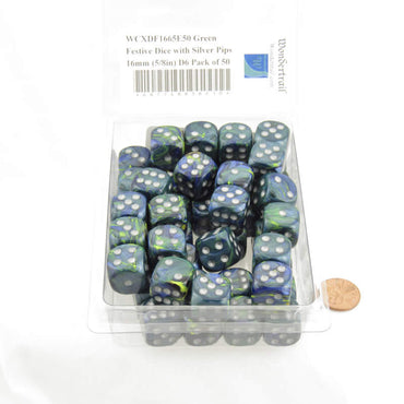 WCXDF1665E50 Green Festive Dice with Silver Pips 16mm (5/8in) D6 Pack of 50 (ONLINE ORDER ONLY)
