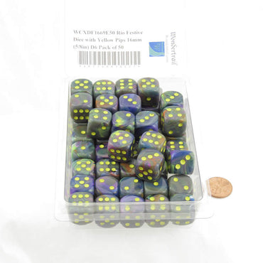 WCXDF1669E50 Rio Festive Dice with Yellow Pips 16mm (5/8in) D6 Pack of 50 (ONLINE ORDER ONLY)
