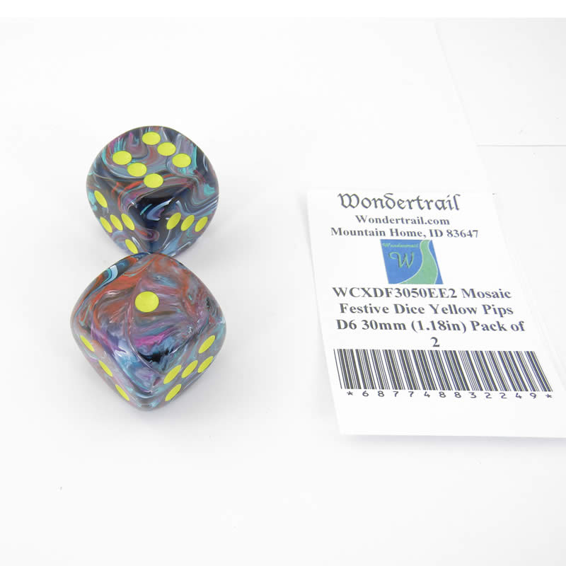 WCXDF3050EE2 Mosaic Festive Dice Yellow Pips D6 30mm (1.18in) Pack of 2 (ONLINE ORDER ONLY)