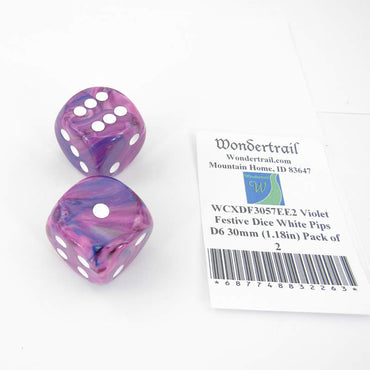 WCXDF3057EE2 Violet Festive Dice White Pips D6 30mm (1.18in) Pack of 2 (ONLINE ORDER ONLY)