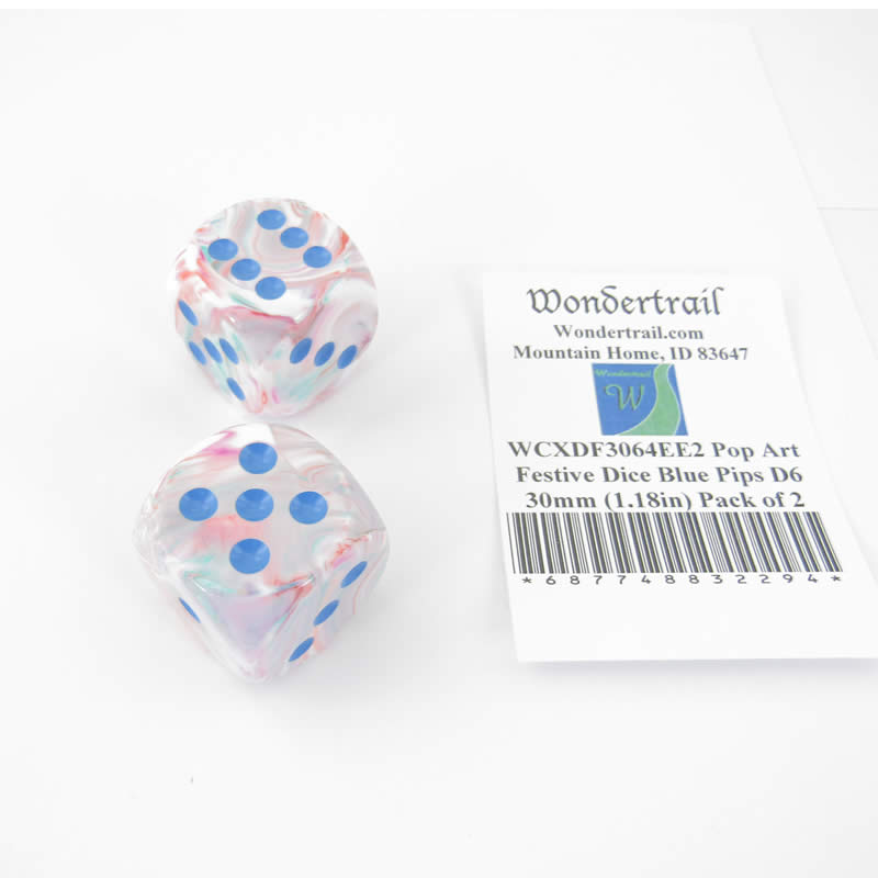WCXDF3064EE2 Pop Art Festive Dice Blue Pips D6 30mm (1.18in) Pack of 2 (ONLINE ORDER ONLY)