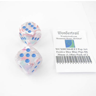 WCXDF3064EE2 Pop Art Festive Dice Blue Pips D6 30mm (1.18in) Pack of 2 (ONLINE ORDER ONLY)