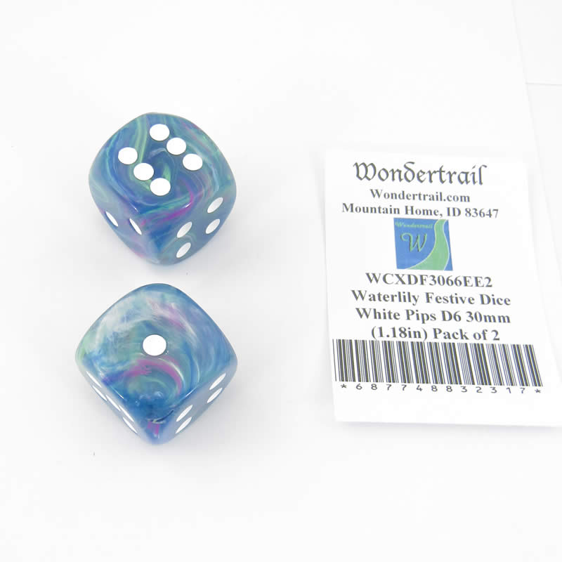 WCXDF3066EE2 Waterlily Festive Dice White Pips D6 30mm (1.18in) Pack of 2 (ONLINE ORDER ONLY)