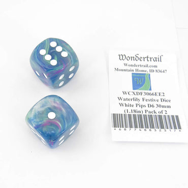 WCXDF3066EE2 Waterlily Festive Dice White Pips D6 30mm (1.18in) Pack of 2 (ONLINE ORDER ONLY)
