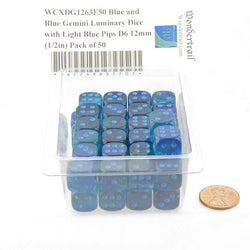 WCXDG1263E50 Blue and Blue Gemini Luminary Dice with Light Blue Pips D6 12mm (1/2in) Pack of 50 (ONLINE ORDER ONLY)