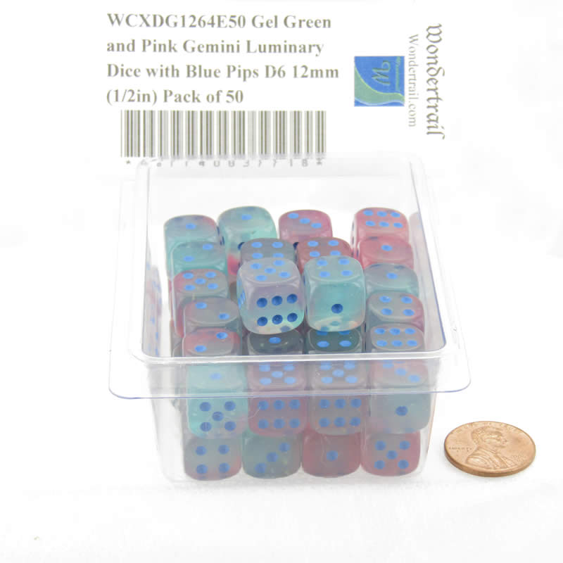 WCXDG1264E50 Gel Green and Pink Gemini Luminary Dice with Blue Pips D6 12mm (1/2in) Pack of 50 (ONLINE ORDER ONLY)