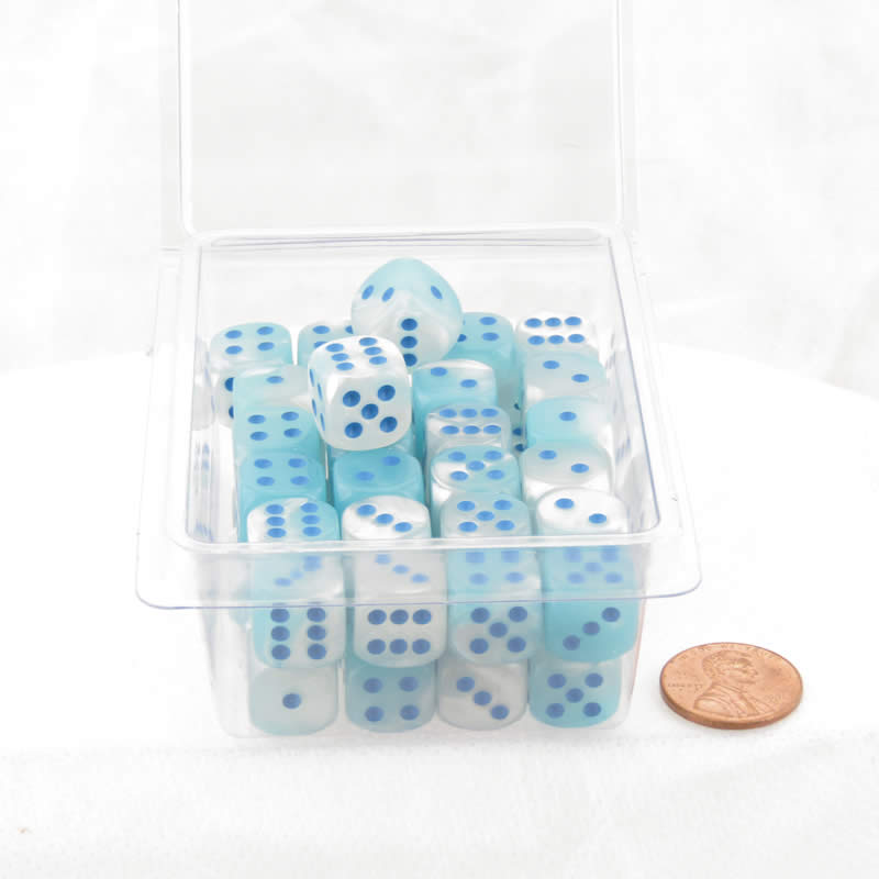 WCXDG1265E50 Pearl Turquoise and White Gemini Luminary Dice with Blue Pips D6 12mm (1/2in) Pack of 50 (ONLINE ORDER ONLY)