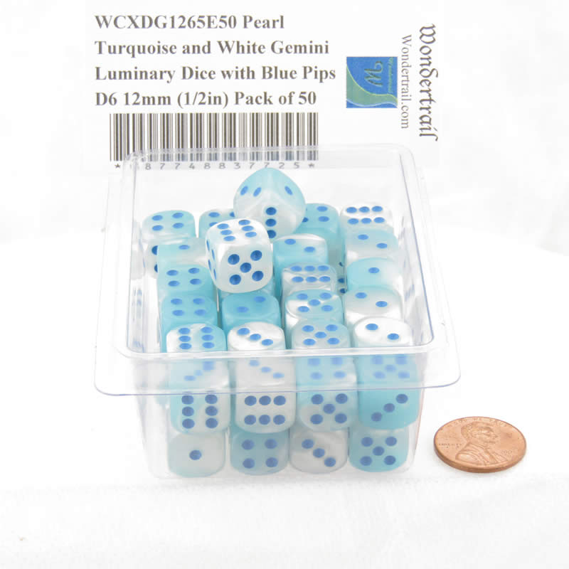 WCXDG1265E50 Pearl Turquoise and White Gemini Luminary Dice with Blue Pips D6 12mm (1/2in) Pack of 50 (ONLINE ORDER ONLY)