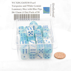 WCXDG1265E50 Pearl Turquoise and White Gemini Luminary Dice with Blue Pips D6 12mm (1/2in) Pack of 50 (ONLINE ORDER ONLY)