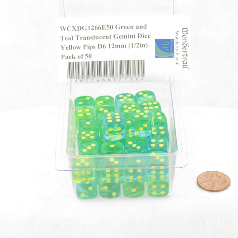 WCXDG1266E50 Green and Teal Translucent Gemini Dice Yellow Pips D6 12mm (1/2in) Pack of 50 (ONLINE ORDER ONLY)