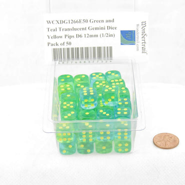WCXDG1266E50 Green and Teal Translucent Gemini Dice Yellow Pips D6 12mm (1/2in) Pack of 50 (ONLINE ORDER ONLY)