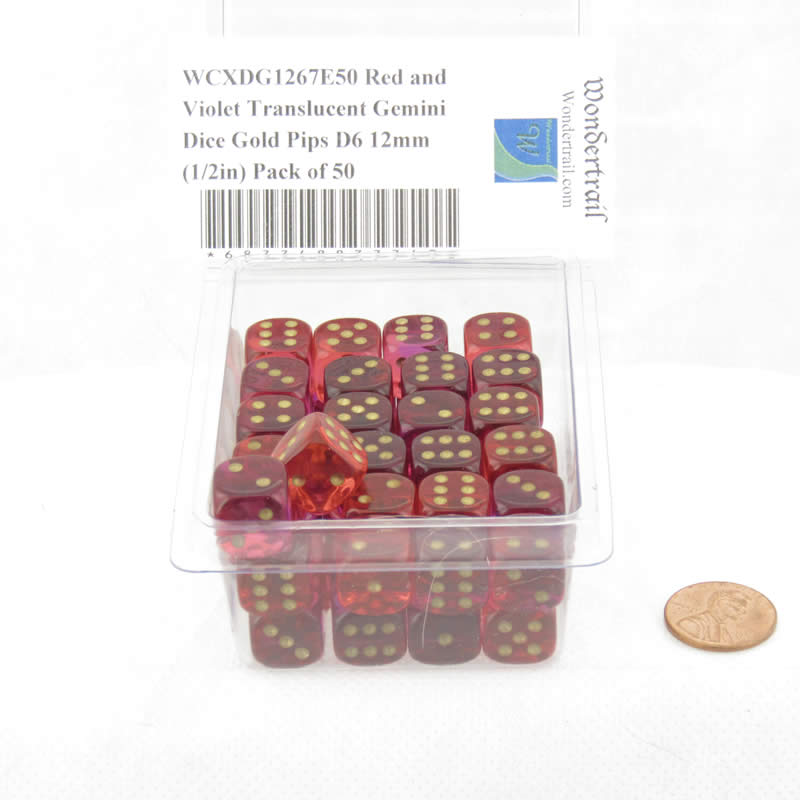WCXDG1267E50 Red and Violet Translucent Gemini Dice Gold Pips D6 12mm (1/2in) Pack of 50 (ONLINE ORDER ONLY)