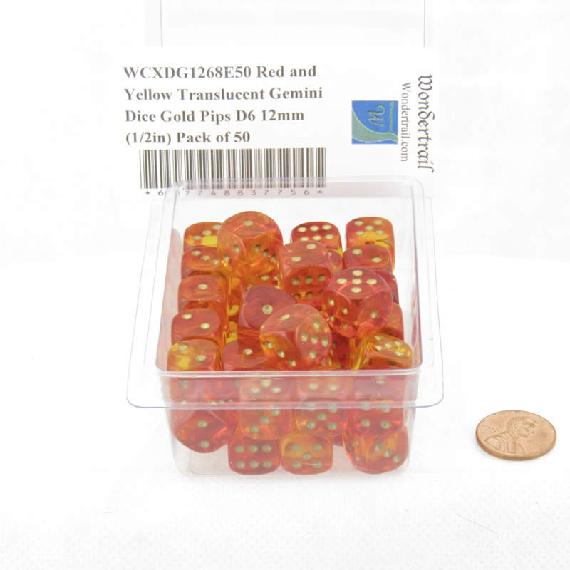 WCXDG1268E50 Red and Yellow Translucent Gemini Dice Gold Pips D6 12mm (1/2in) Pack of 50 (ONLINE ORDER ONLY)