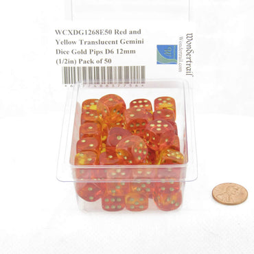 WCXDG1268E50 Red and Yellow Translucent Gemini Dice Gold Pips D6 12mm (1/2in) Pack of 50 (ONLINE ORDER ONLY)