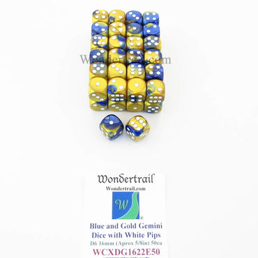 WCXDG1622E50 Blue Gold Gemini Dice White Pips D6 16mm Pack of 50 (ONLINE ORDER ONLY)