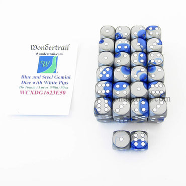 WCXDG1623E50 Blue Steel Gemini Dice White Pips D6 16mm Pack of 50 (ONLINE ORDER ONLY)