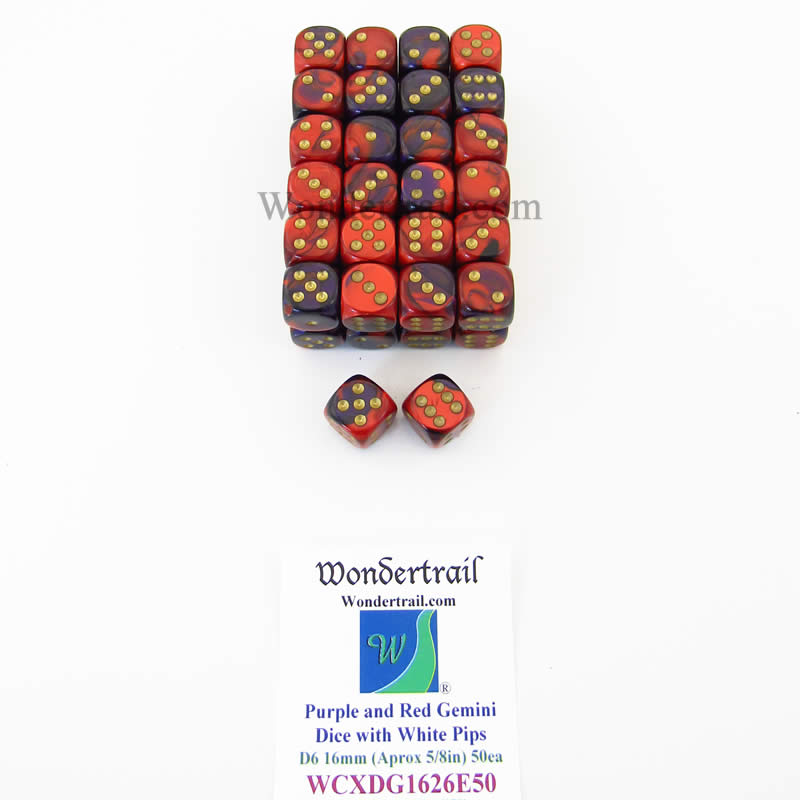 WCXDG1626E50 Purple Red Gemini Dice White Pips D6 16mm Pack of 50 (ONLINE ORDER ONLY)