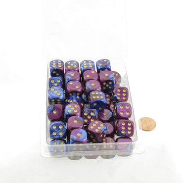 WCXDG1628E50 Blue Purple Gemini Dice Gold Pips D6 16mm Pack of 50 (ONLINE ORDER ONLY)