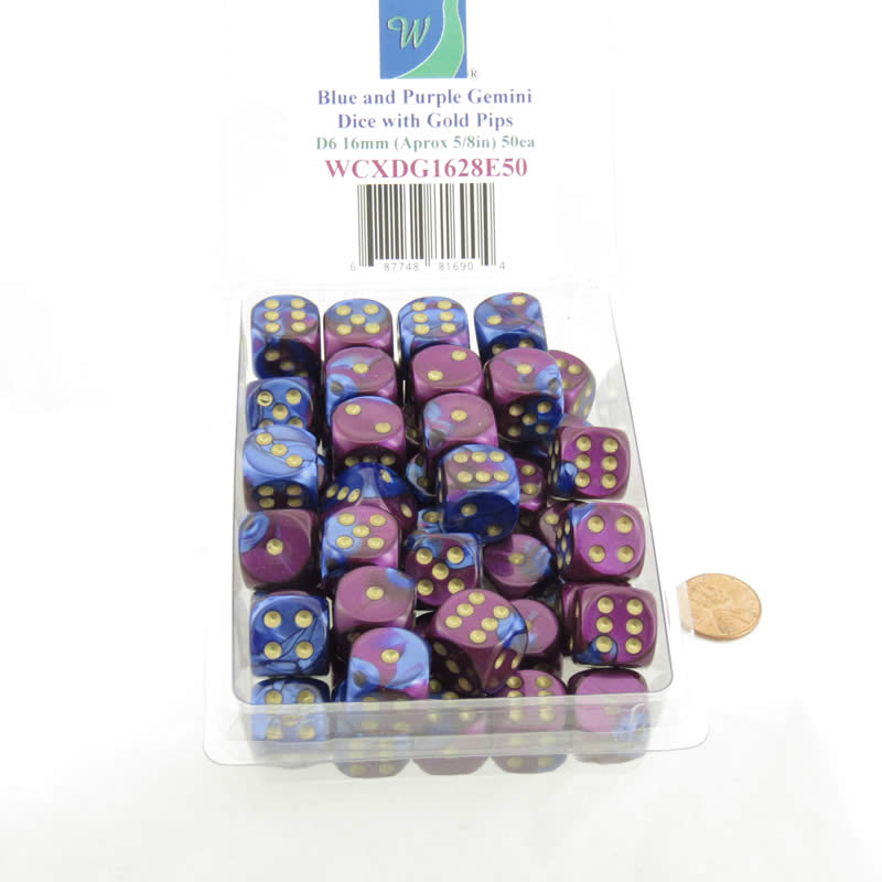 WCXDG1628E50 Blue Purple Gemini Dice Gold Pips D6 16mm Pack of 50 (ONLINE ORDER ONLY)