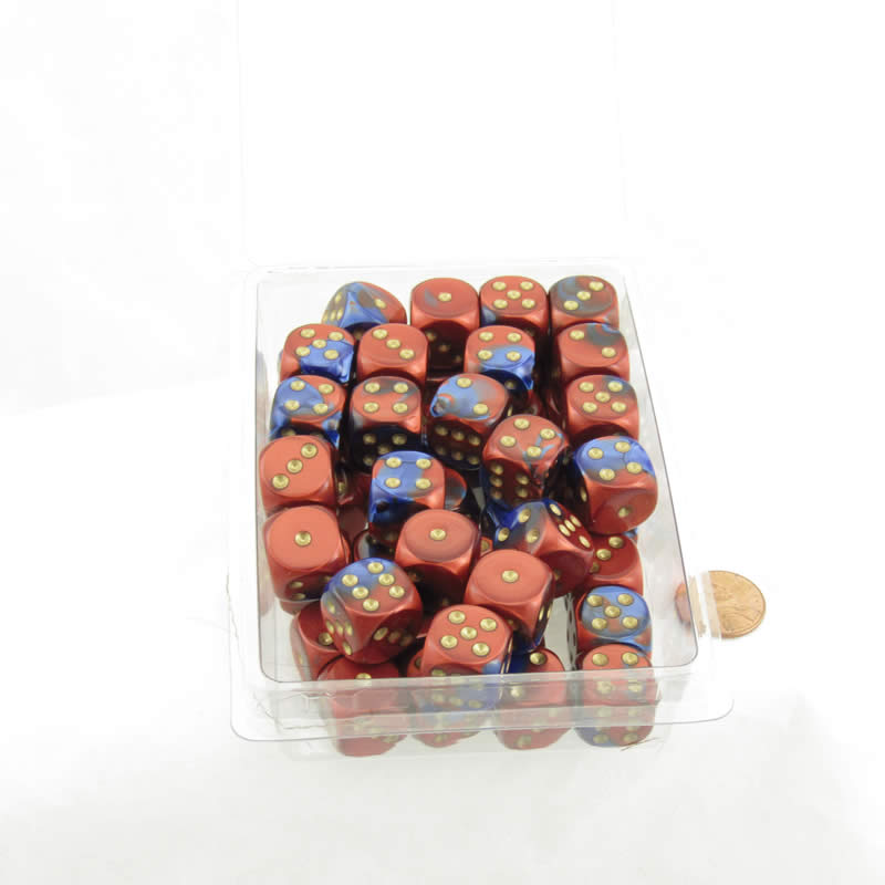 WCXDG1629E50 Blue Red Gemini Dice Gold Pips D6 16mm Bulk Pack of 50 (ONLINE ORDER ONLY)
