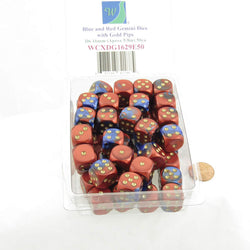 WCXDG1629E50 Blue Red Gemini Dice Gold Pips D6 16mm Bulk Pack of 50 (ONLINE ORDER ONLY)