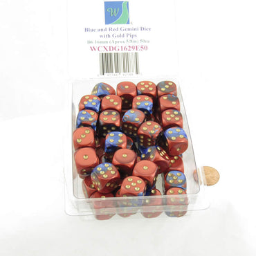 WCXDG1629E50 Blue Red Gemini Dice Gold Pips D6 16mm Bulk Pack of 50 (ONLINE ORDER ONLY)