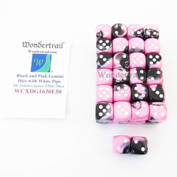 WCXDG1630E50 Black Pink Gemini Dice White Pips D6 16mm Bulk Pack of 50 (ONLINE ORDER ONLY)