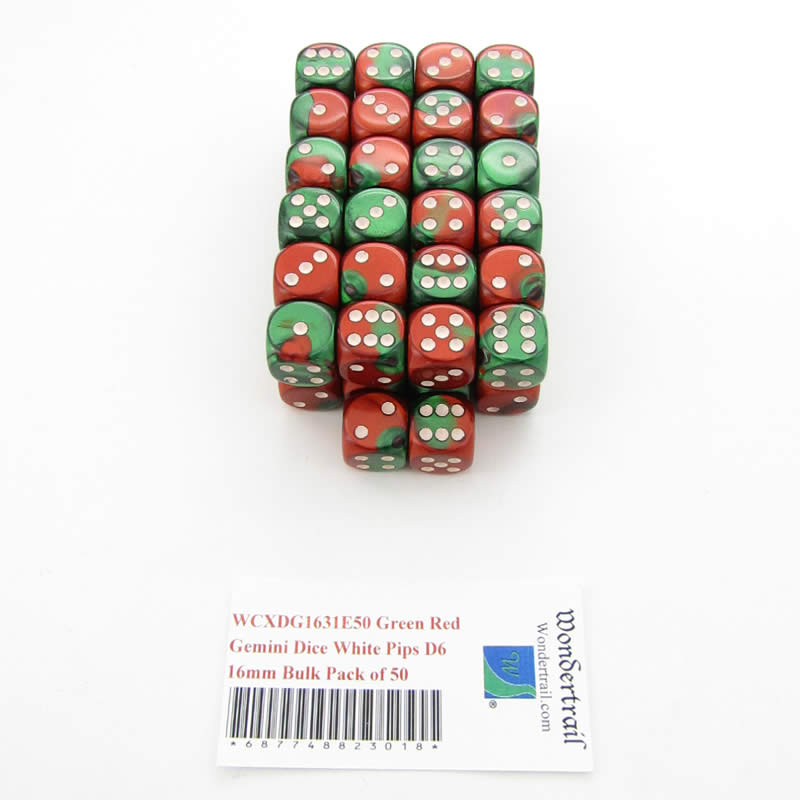WCXDG1631E50 Green Red Gemini Dice White Pips D6 16mm Bulk Pack of 50 (ONLINE ORDER ONLY)