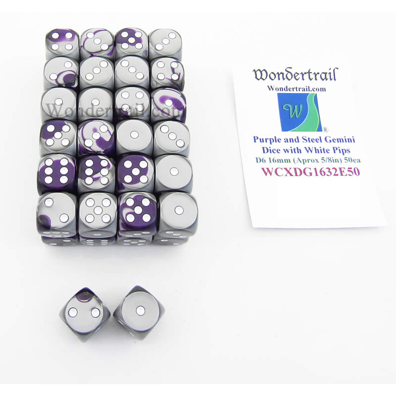 WCXDG1632E50 Purple Steel Gemini Dice White Pips D6 16mm Bulk Pack of 50 (ONLINE ORDER ONLY)