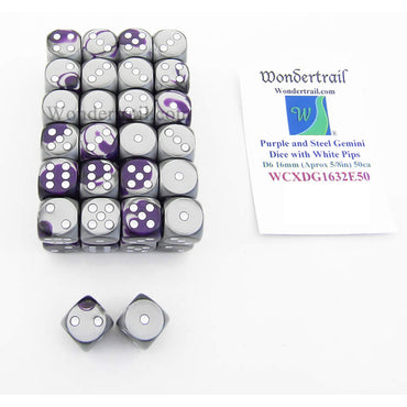 WCXDG1632E50 Purple Steel Gemini Dice White Pips D6 16mm Bulk Pack of 50 (ONLINE ORDER ONLY)