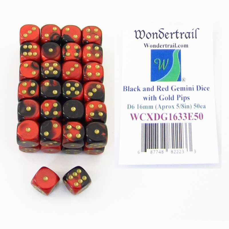 WCXDG1633E50 Black Red Gemini Dice Gold Pips D6 16mm Bulk Pack of 50 (ONLINE ORDER ONLY)