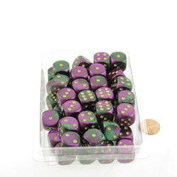 WCXDG1634E50 Green Purple Gemini Dice Gold Pips D6 16mm Bulk Pack of 50 (ONLINE ORDER ONLY)