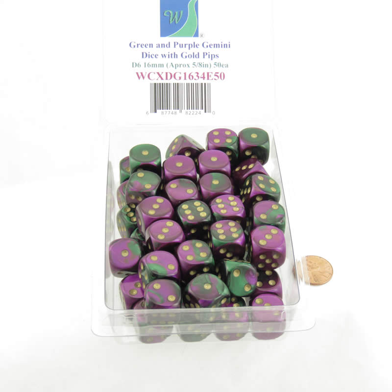 WCXDG1634E50 Green Purple Gemini Dice Gold Pips D6 16mm Bulk Pack of 50 (ONLINE ORDER ONLY)