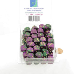 WCXDG1634E50 Green Purple Gemini Dice Gold Pips D6 16mm Bulk Pack of 50 (ONLINE ORDER ONLY)