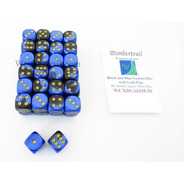 WCXDG1635E50 Black Blue Gemini Dice Gold Pips D6 16mm Bulk Pack of 50 (ONLINE ORDER ONLY)