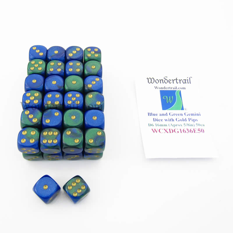 WCXDG1636E50 Blue Green Gemini Dice Gold Pips D6 16mm Bulk Pack Of 50 (ONLINE ORDER ONLY)