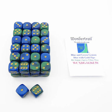 WCXDG1636E50 Blue Green Gemini Dice Gold Pips D6 16mm Bulk Pack Of 50 (ONLINE ORDER ONLY)