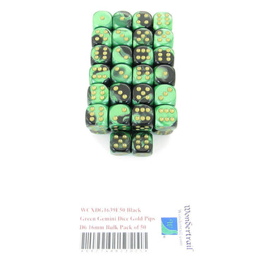 WCXDG1639E50 Black Green Gemini Dice Gold Pips D6 16mm Bulk Pack of 50 (ONLINE ORDER ONLY)