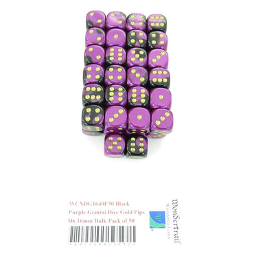 WCXDG1640E50 Black Purple Gemini Dice Gold Pips D6 16mm Bulk Pack of 50 (ONLINE ORDER ONLY)