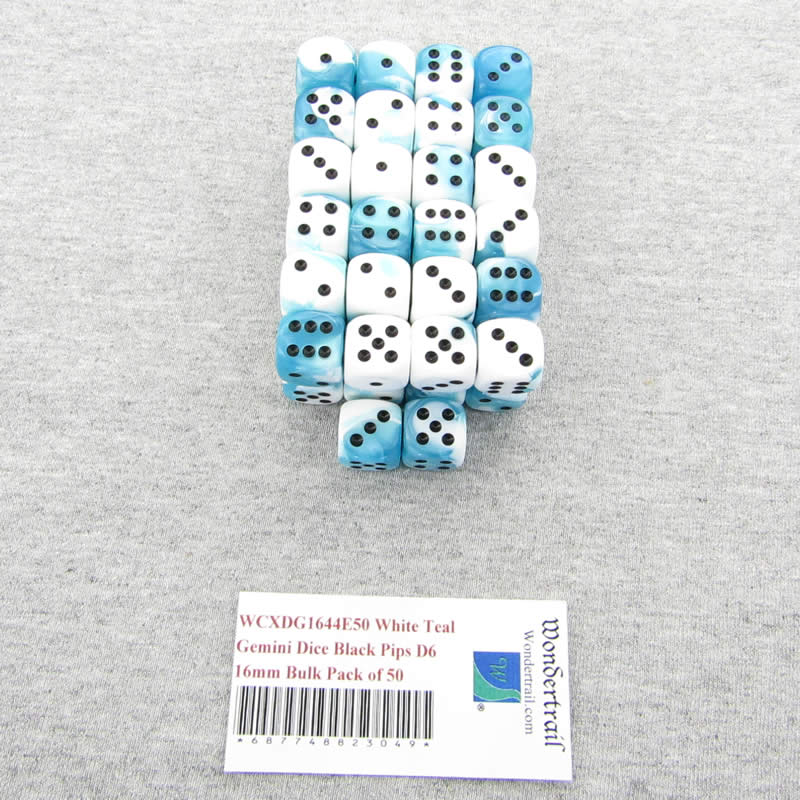 WCXDG1644E50 White Teal Gemini Dice Black Pips D6 16mm Bulk Pack of 50 (ONLINE ORDER ONLY)