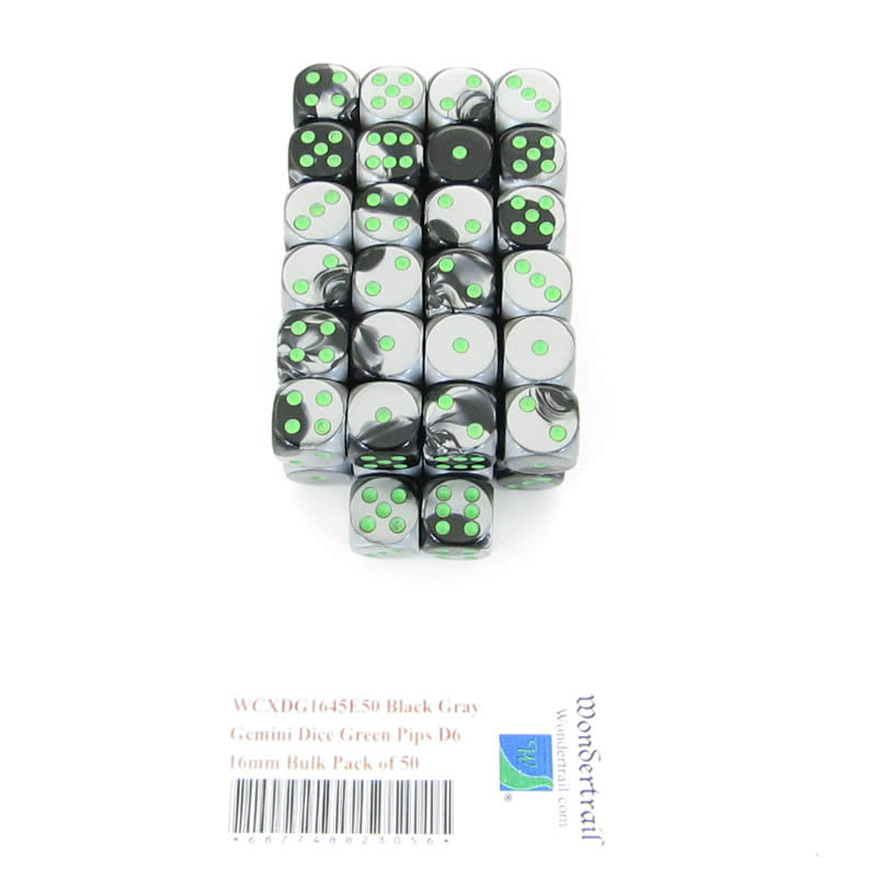 WCXDG1645E50 Black Gray Gemini Dice Green Pips D6 16mm Bulk Pack of 50 (ONLINE ORDER ONLY)